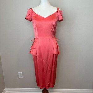 REISS Lolita Coral Satin‎ Belted Peplum Off The Shoulder Formal Dress Size US 8